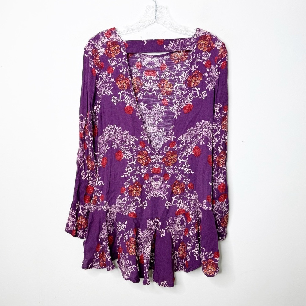 FREE PEOPLE | Purple Smooth Talker Floral Print Open Back Tunic Top Sz. Small - Picture 5 of 5